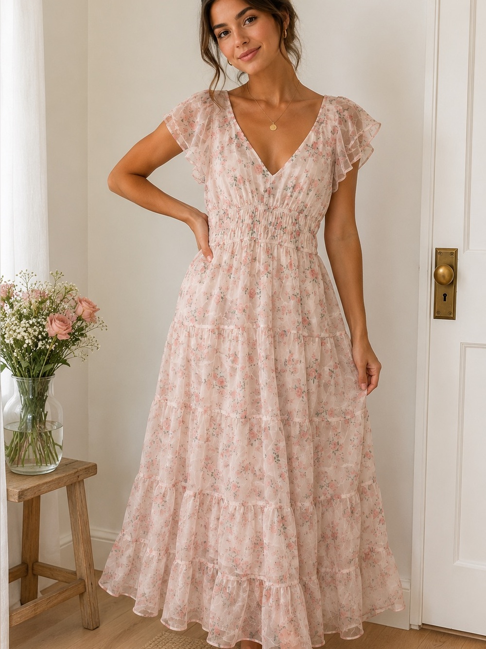Storia Pink Floral Smocked Bodice Sundress